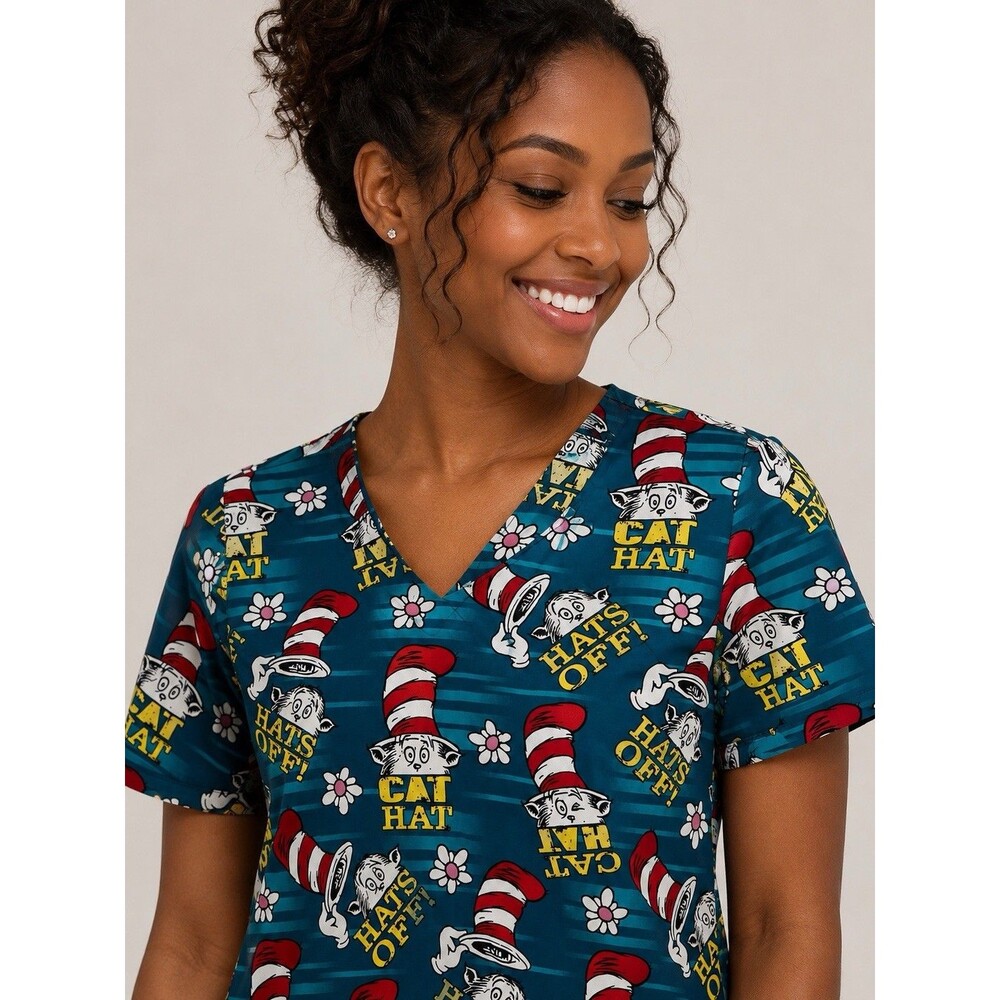 Dr. Seuss Cat in the Hat Women's V-Neck Scrub Top Size Medium Fun Print